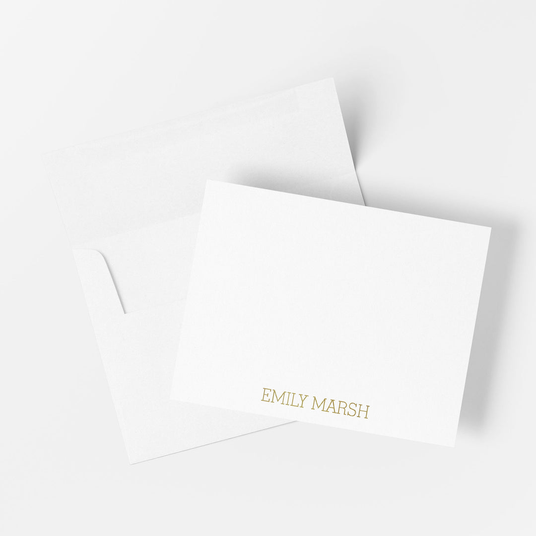 Personalized gold foil note card printed by hand on cotton paper with matching envelope on a white background