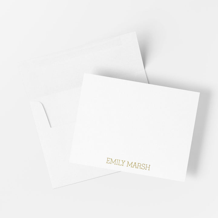 Personalized gold foil note card printed by hand on cotton paper with matching envelope on a white background