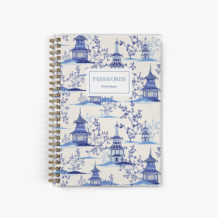 This custom password journal features a chinoiserie print of blue and white pagodas