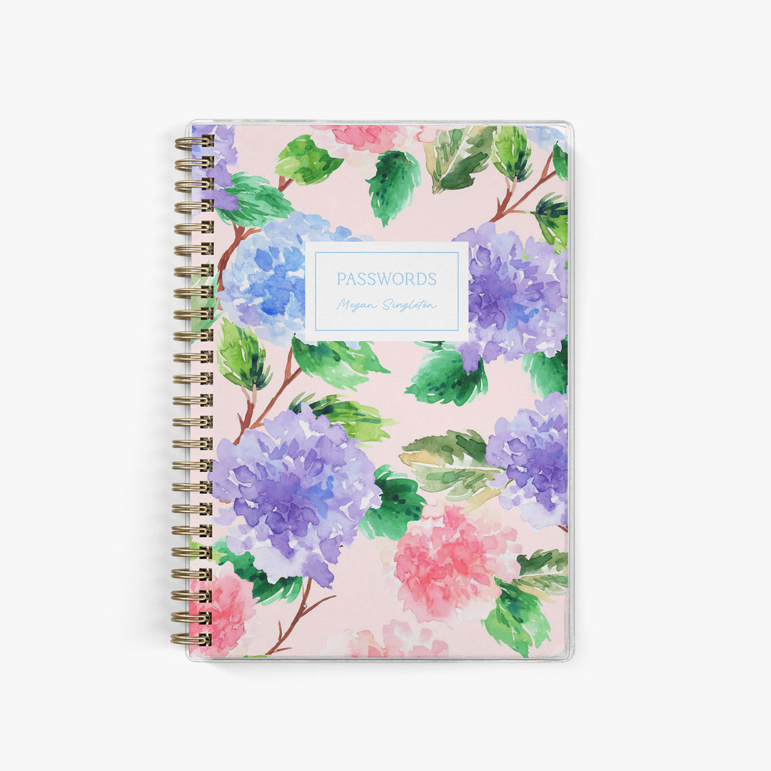 This custom password book features a colorful burst of hydrangeas reminiscent of the hydrangea hedges on Cape Cod