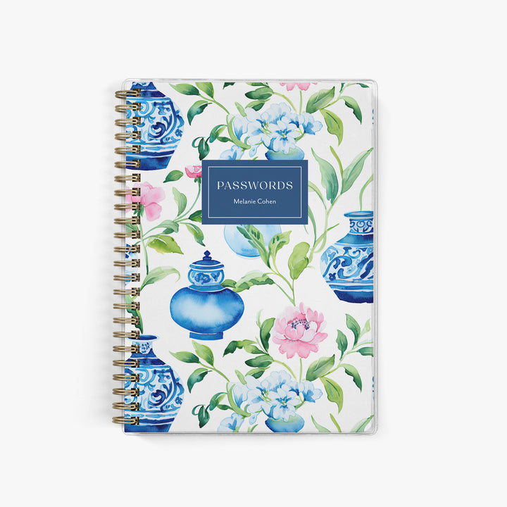 This custom password keeper features a blue and white ginger jar pattern with pink peonies