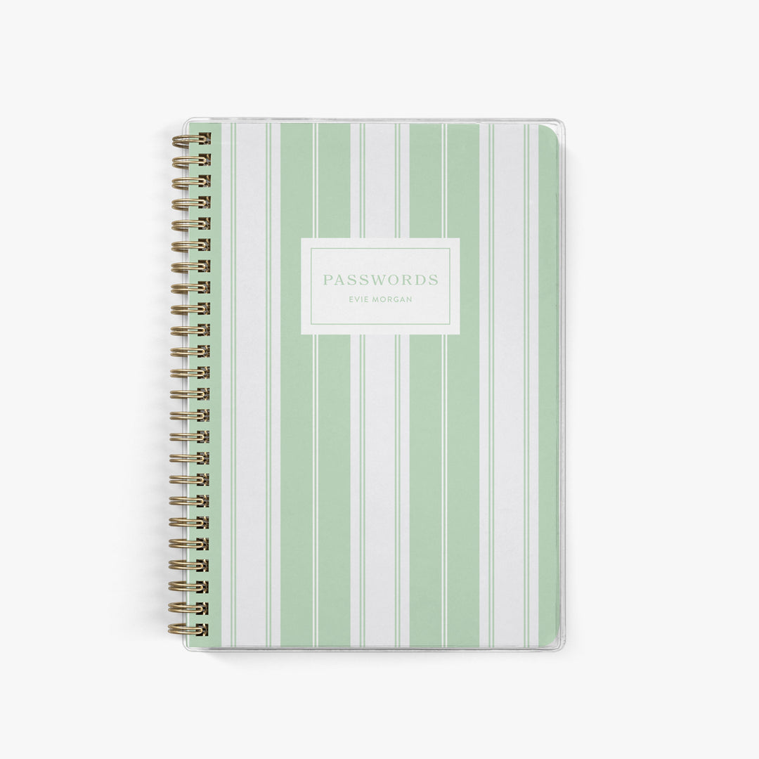 This green and white striped password keeper can be personalized with your name