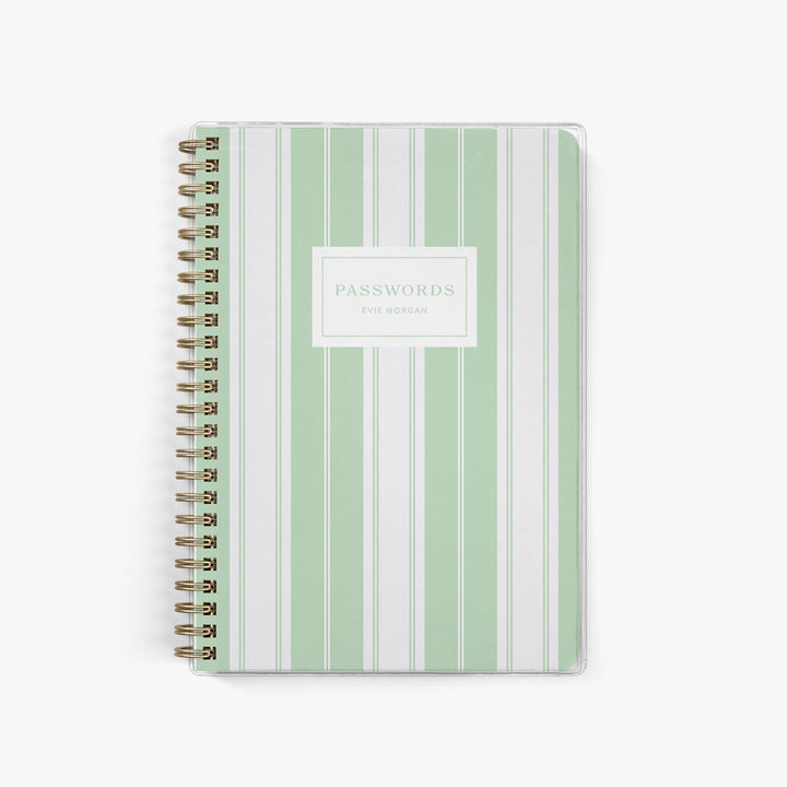 This green and white striped password keeper can be personalized with your name