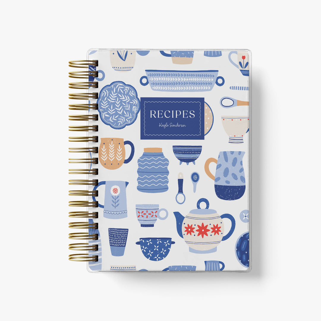 This custom recipe journal features an adorable pattern of blue & white dishes and vintage teapots