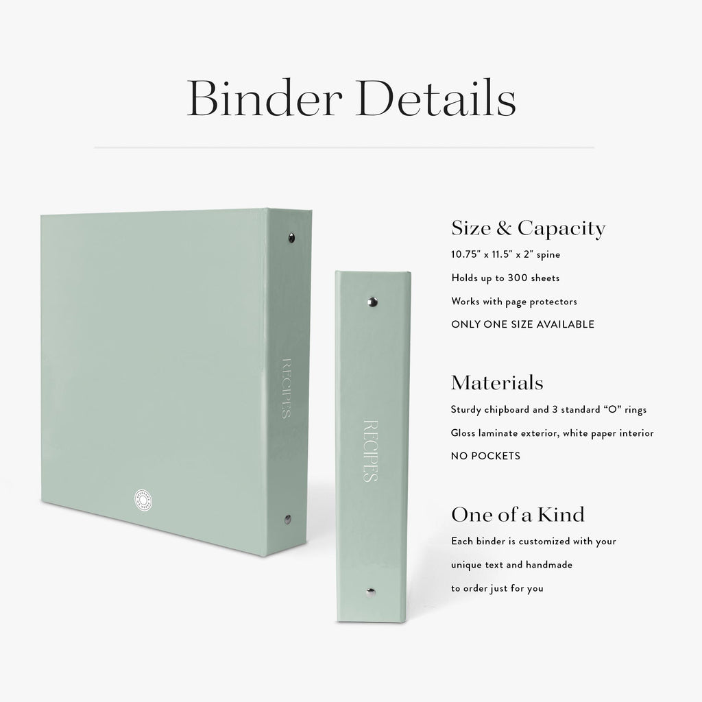 Custom cookbook with modern editorial design in your choice of colors on a white background with product specifications 