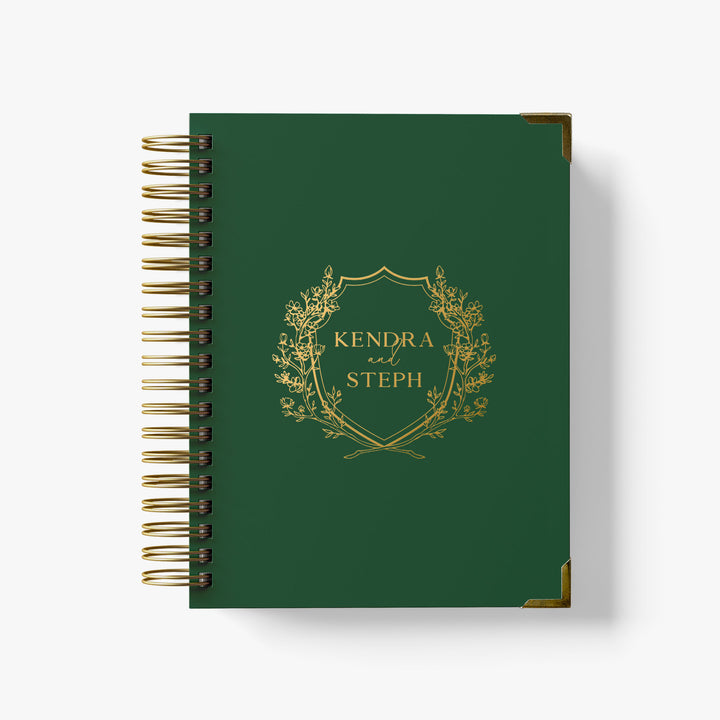 Our LGBT wedding planner books are all-inclusive and gender-neutral, shown in an elegant floral crest design