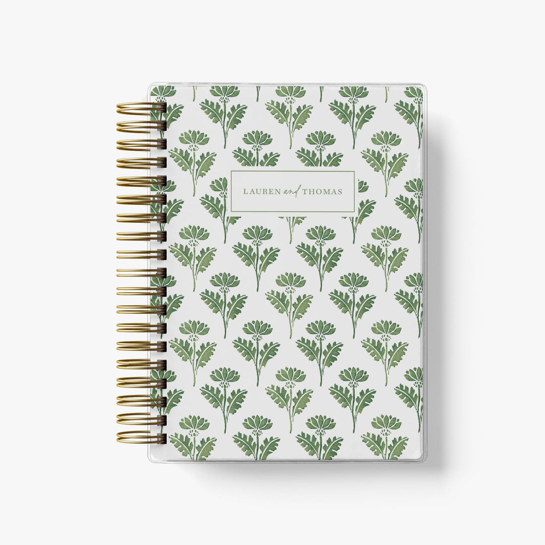 Our soft cover wedding planner books are the best option for a bride on a budget, featured in a green & white floral block print design