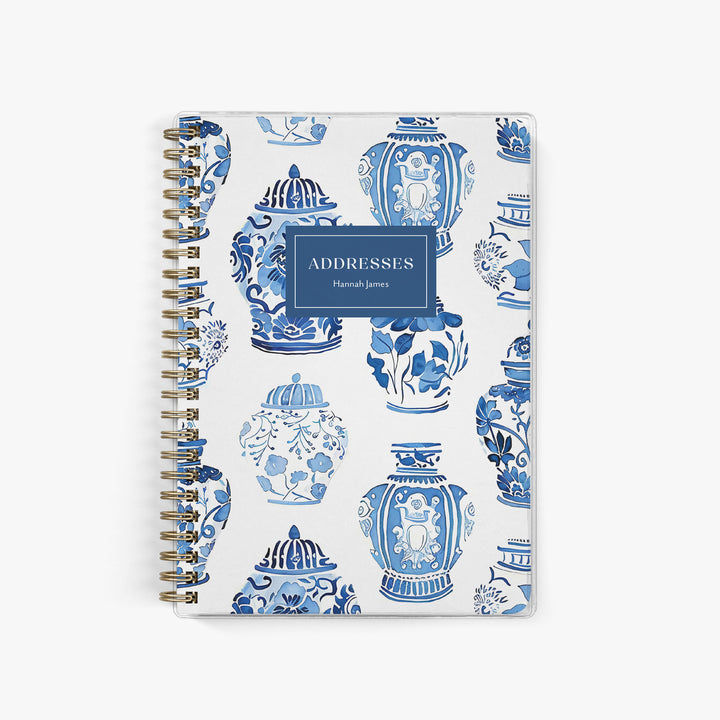 This custom address book features a blue and white chinoiserie design with beautiful watercolor ginger jars