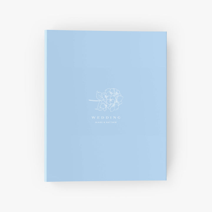 Custom wedding planning binder with hydrangea illustration personalized with your names and choice of color