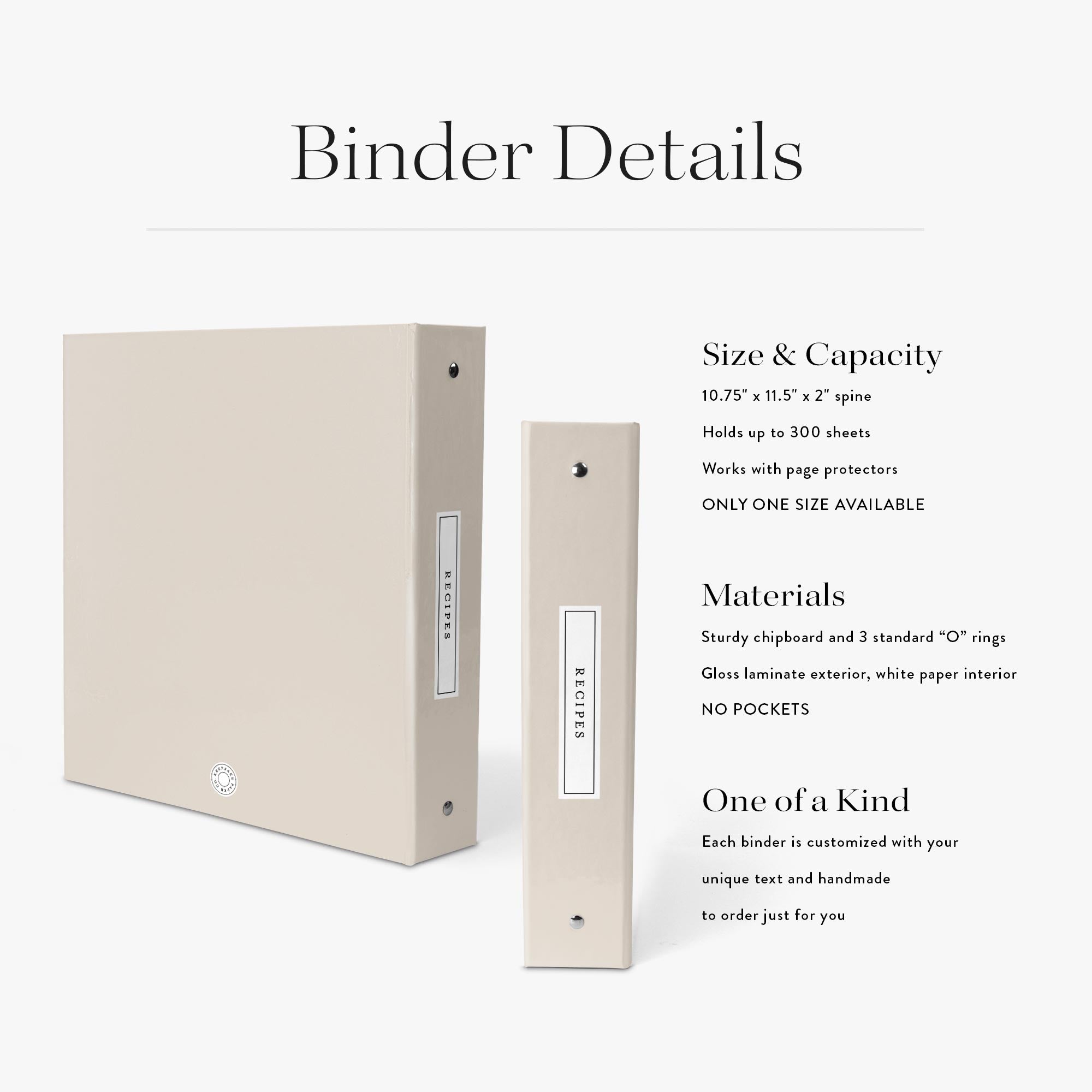 Custom cookbook in a modern label design on a white background with product specs