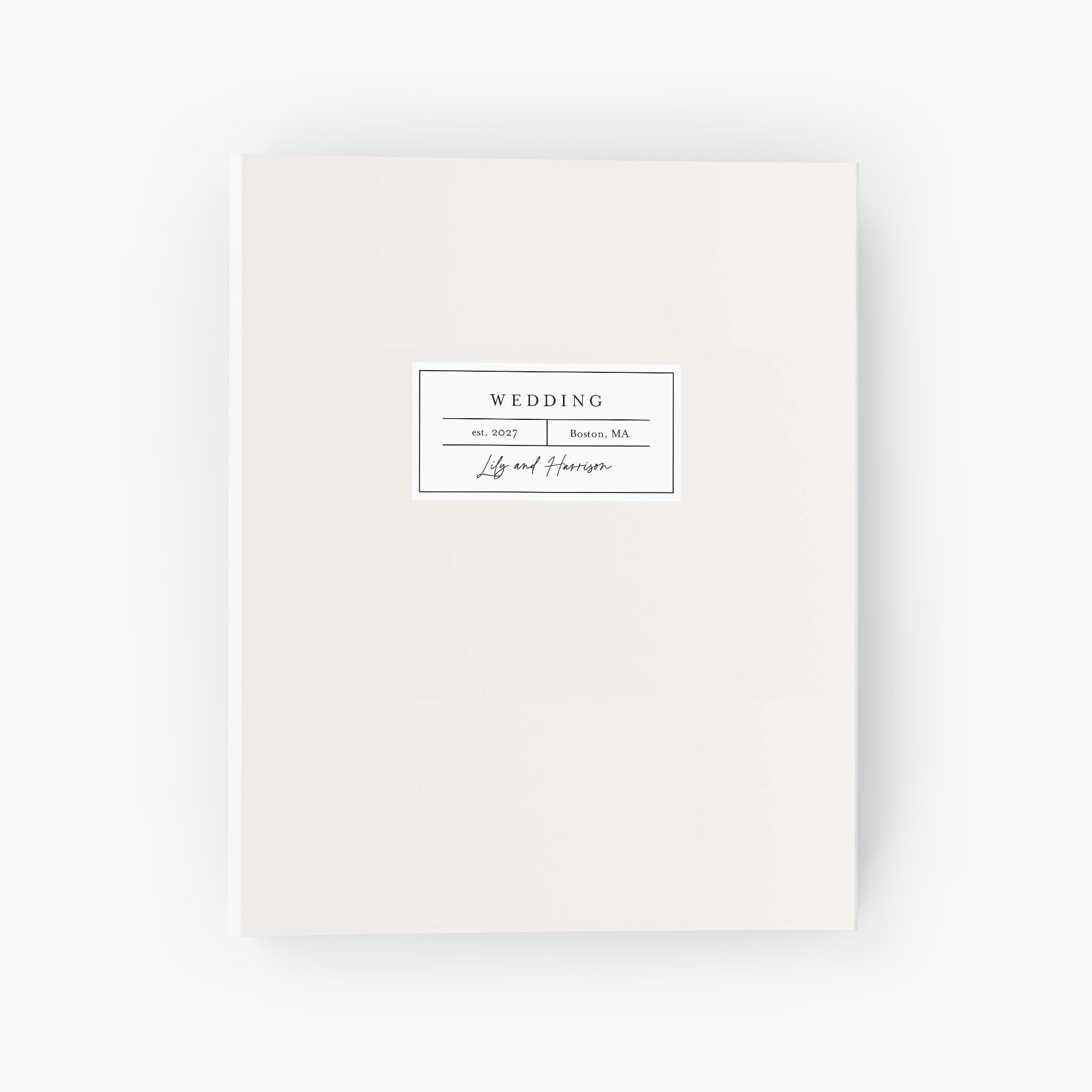 Personalized wedding binder with a modern apothecary label design includes your names, wedding year and location