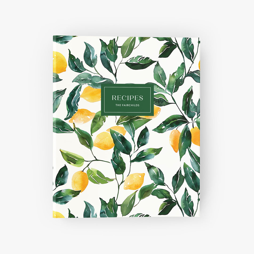 Custom recipe binder with lush yellow lemons and green leaves in a watercolor style personalized with your name
