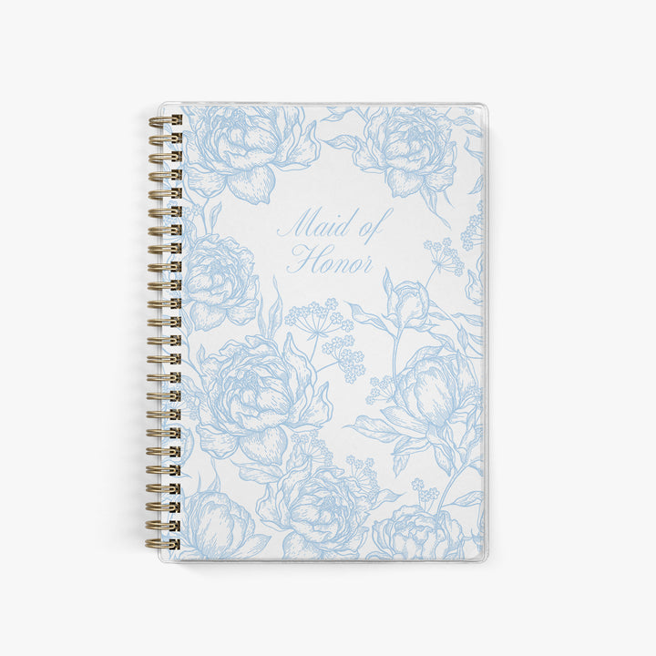 Maid of Honor planner with lush peony toile design shown in blue and white