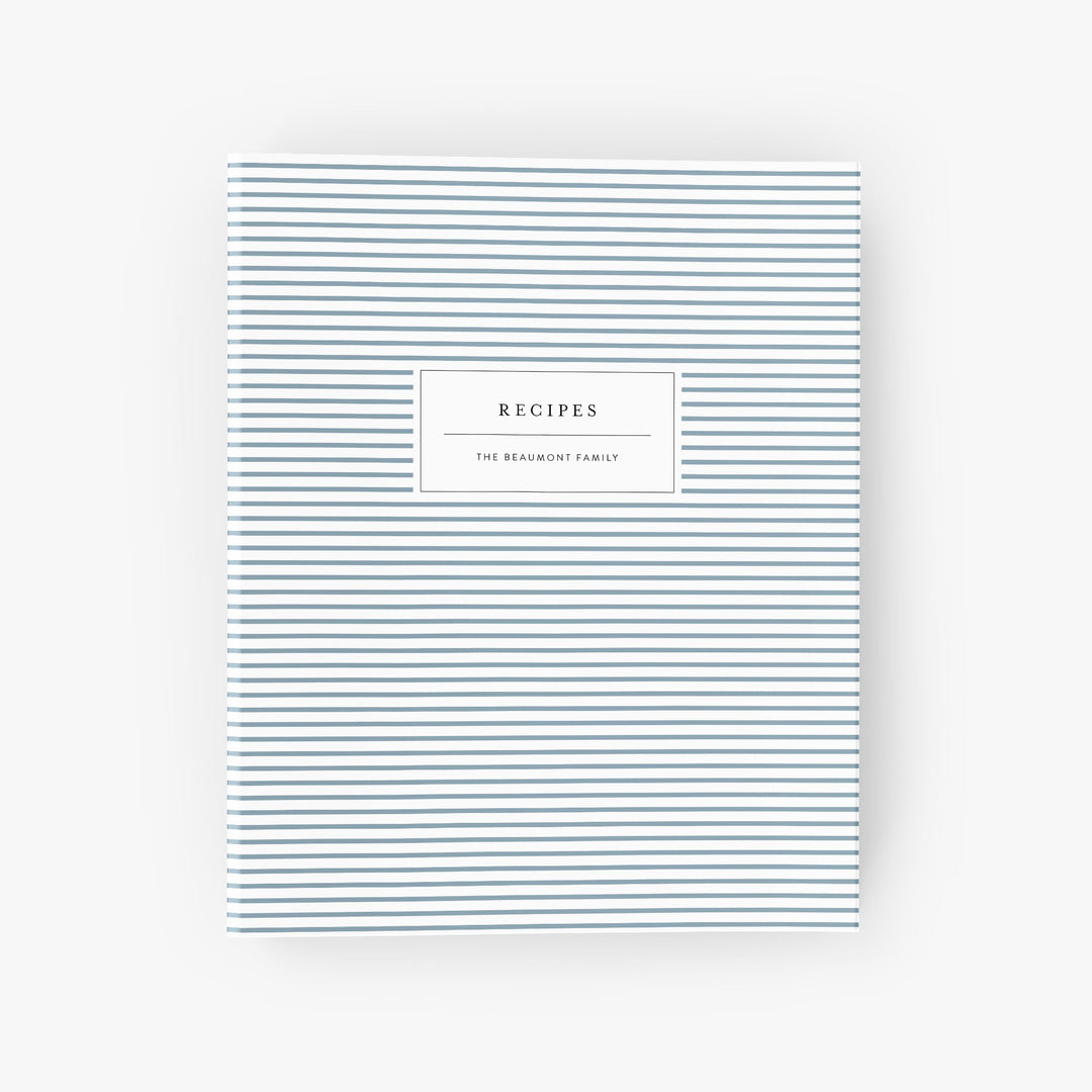 Custom recipe binder with a classic mini stripe design on a white background