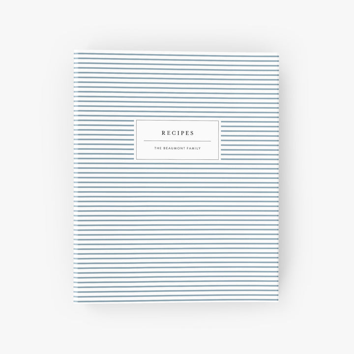 Custom recipe binder with a classic mini stripe design on a white background