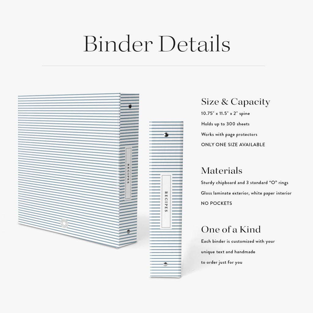 Custom cookbook binder with size and capacity details on a white background
