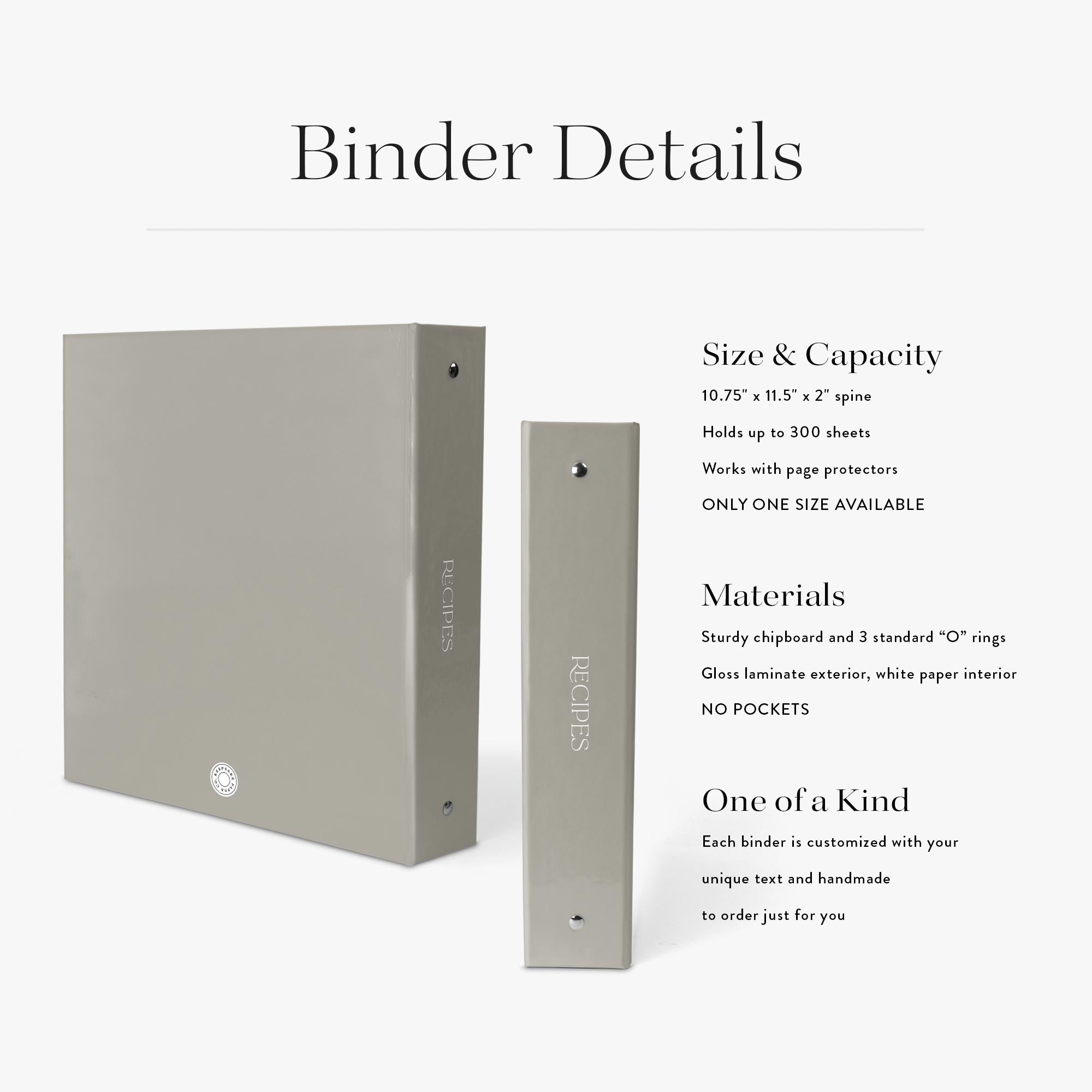 Minimalist custom cookbook on a white background with product specifications