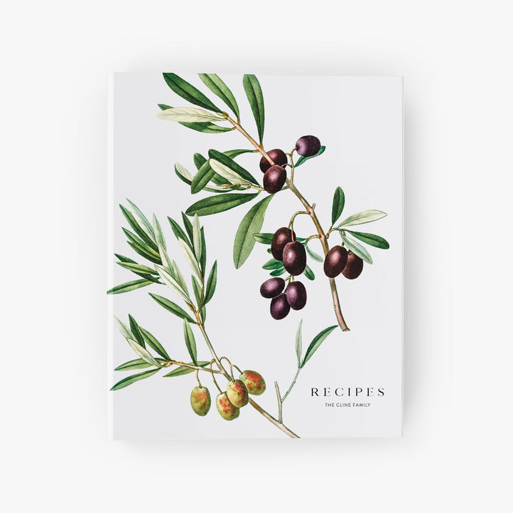 Custom recipe binder cover with olive branch illustration on a soft grey background