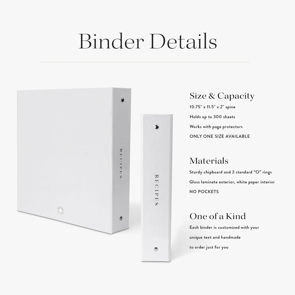 Custom cookbook with botanical olive branch design on a white background with product specifications