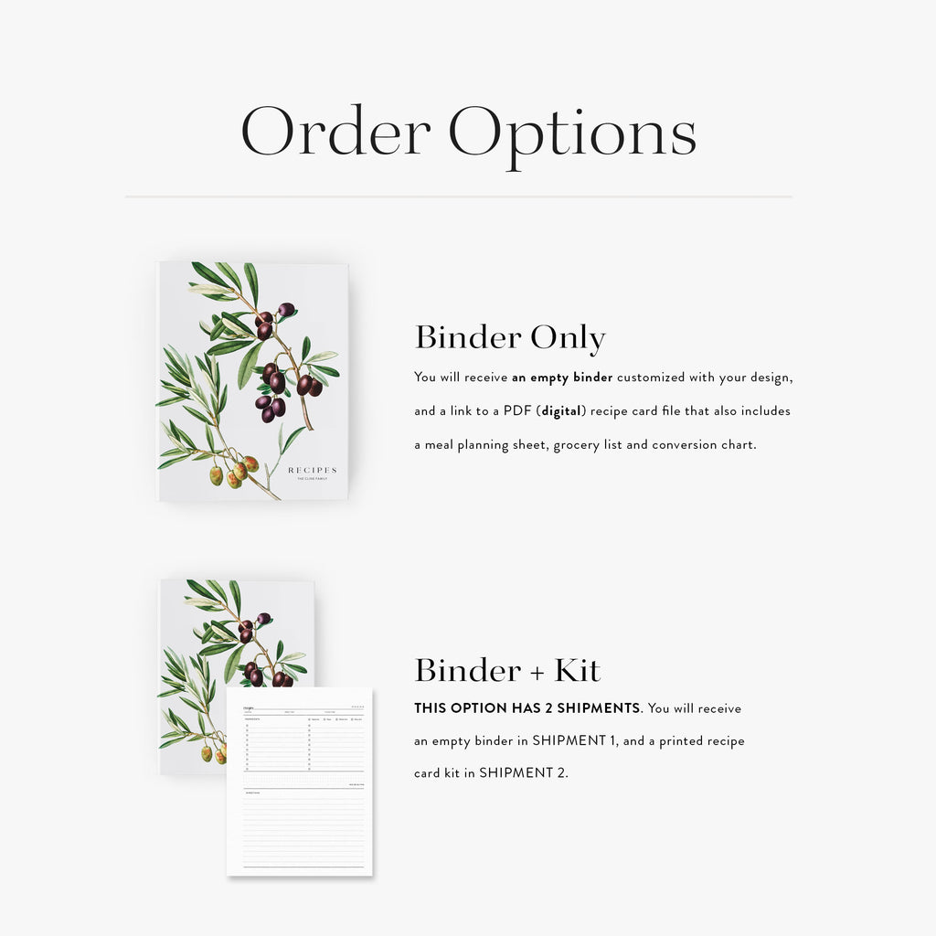 Order options for a binder with recipe cards and meal planning sheet on a white background.