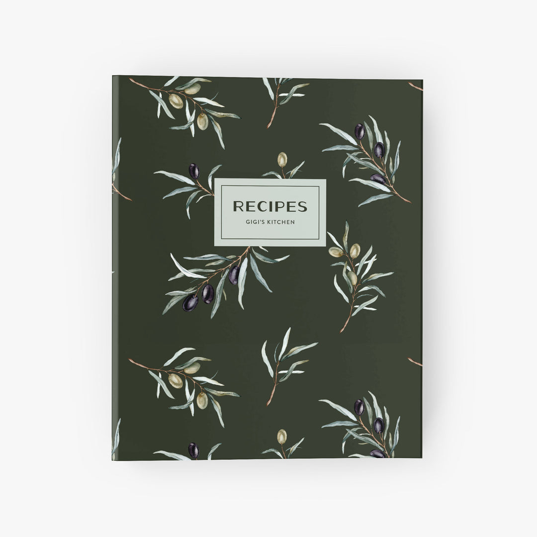 Personalized recipe binder with dark green background and pattern of watercolor olive steams and leaves