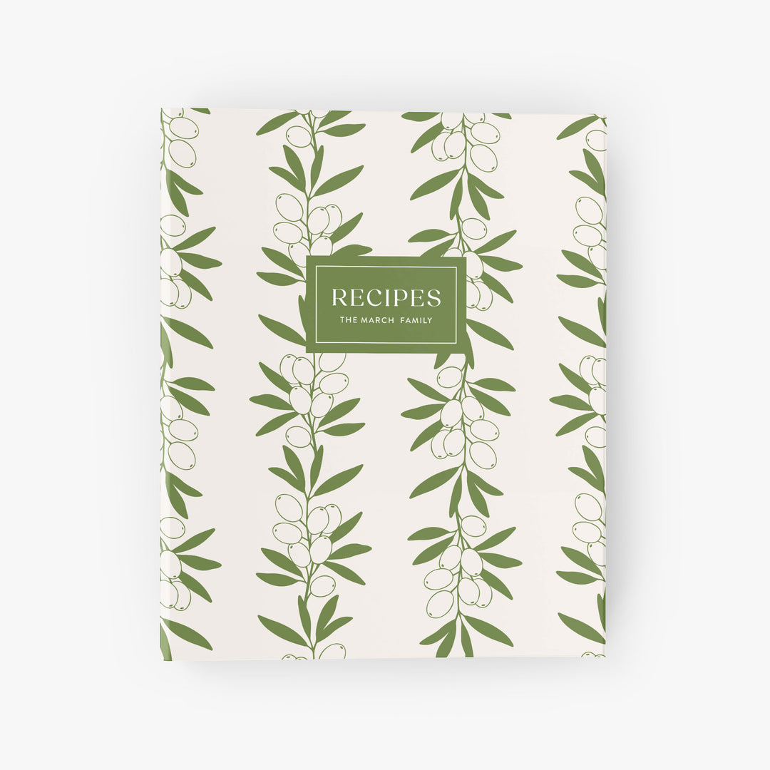 Personalized recipe binder with vintage inspired olive leaf design in green and cream