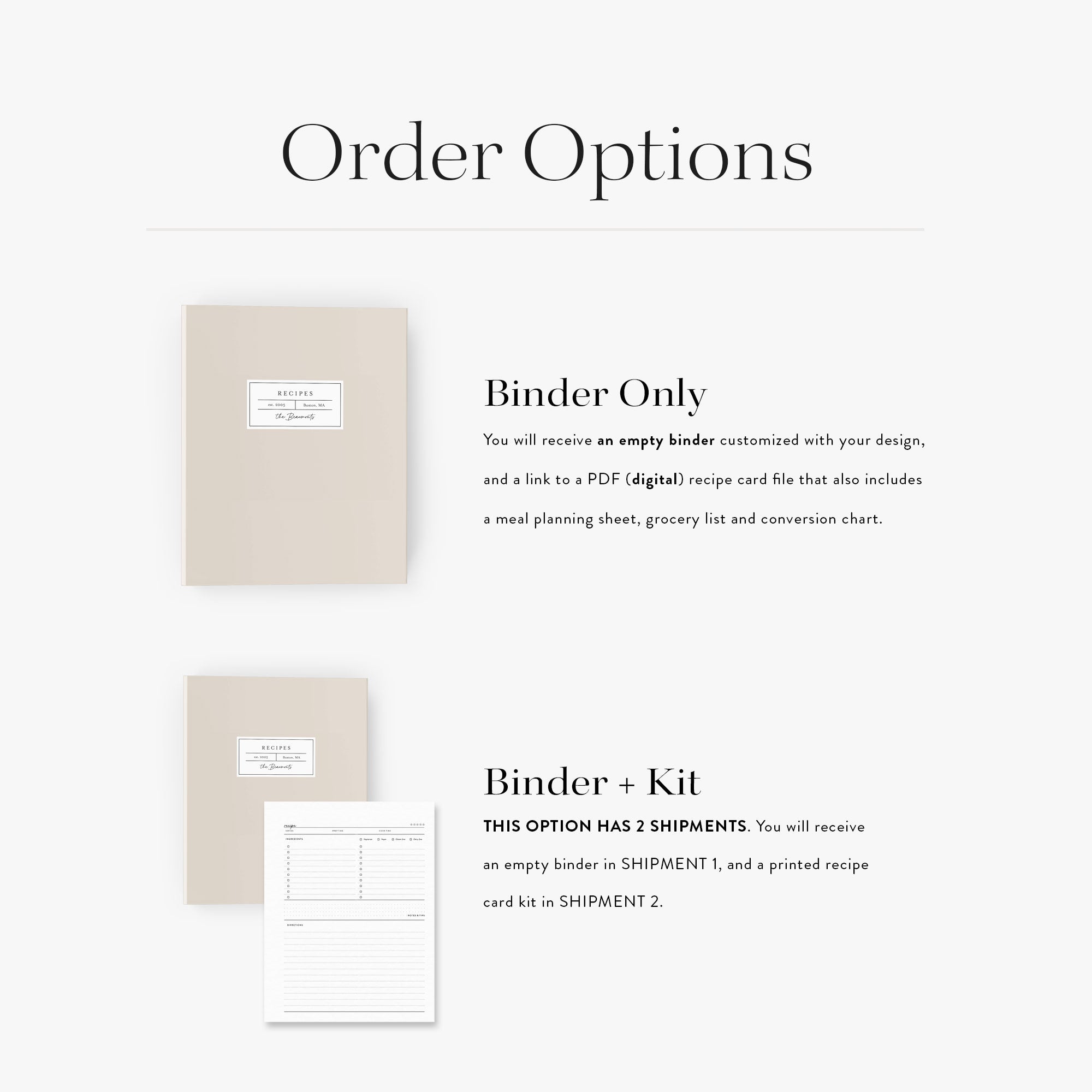 Order options for your personalized recipe binder which comes with either a digital or printed recipe kit