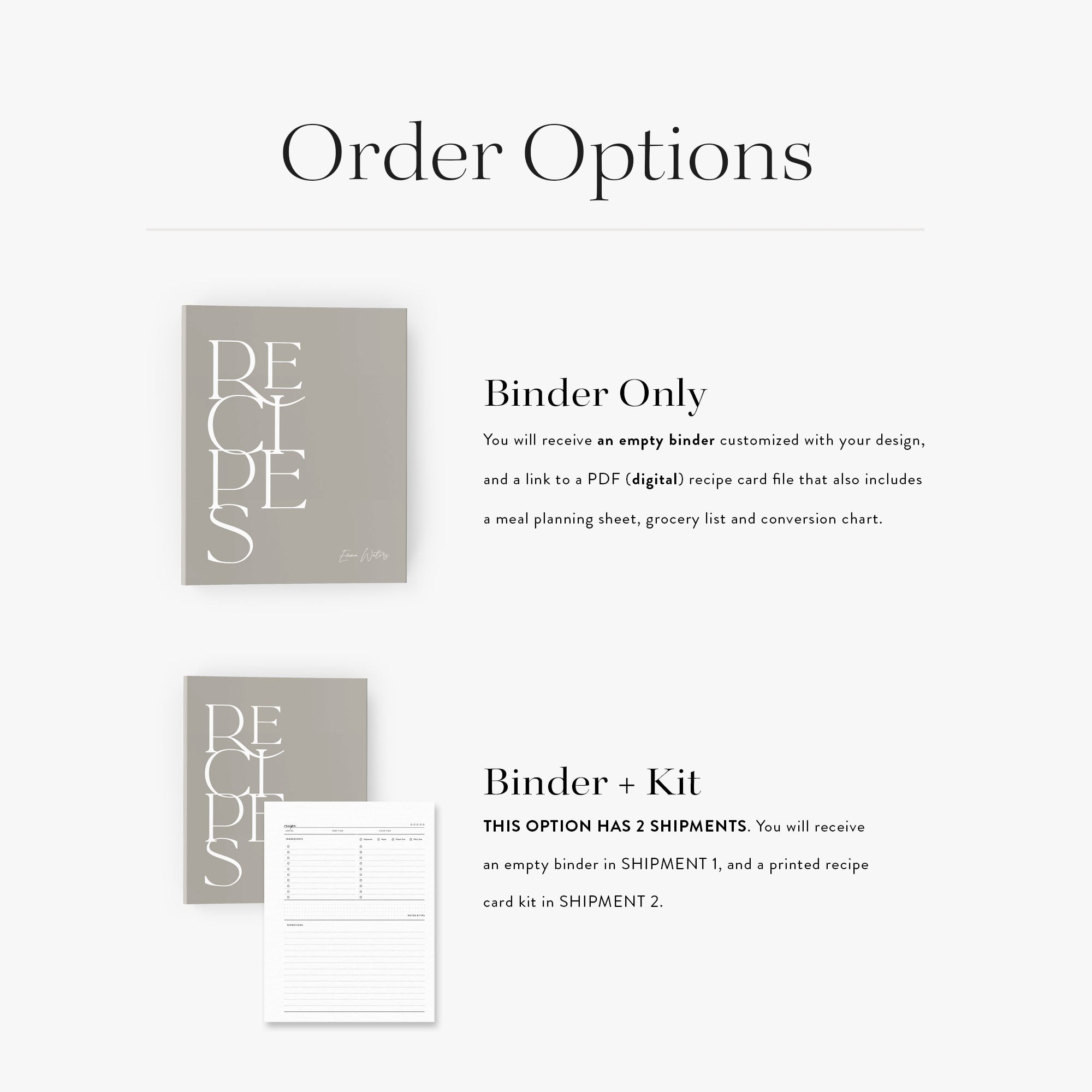 Order options for your personalized recipe binder which includes either a digital recipe card or printed recipe kit