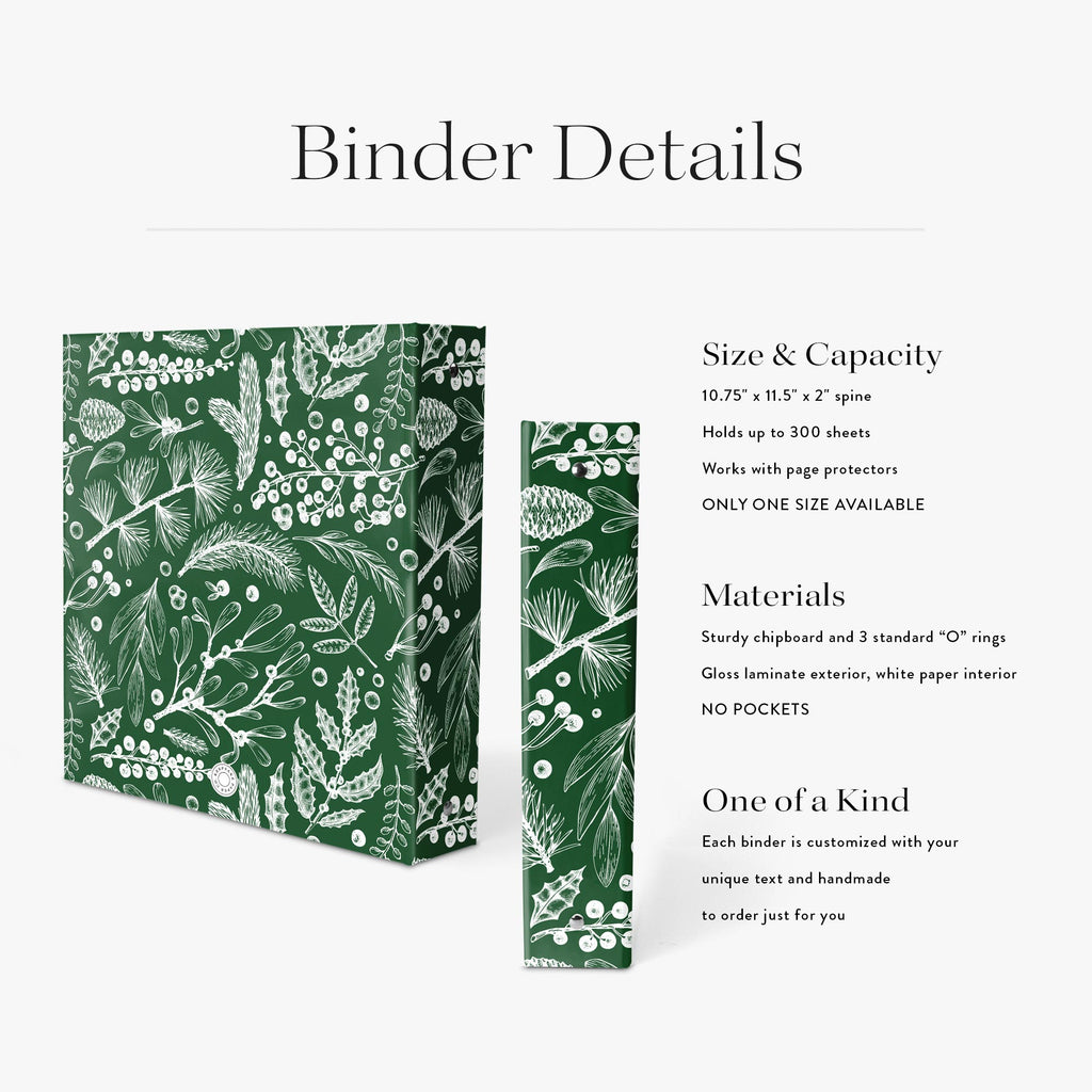 Green pine and holly binder with details on size, capacity, materials, and customization.