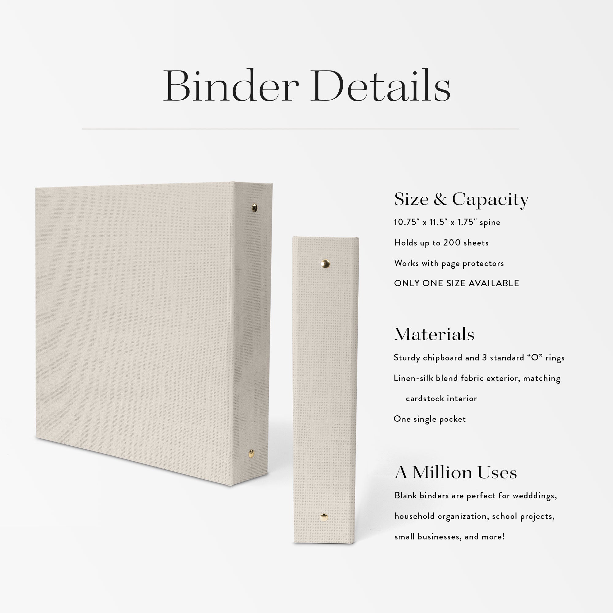 Beige binder with specifications on a white background