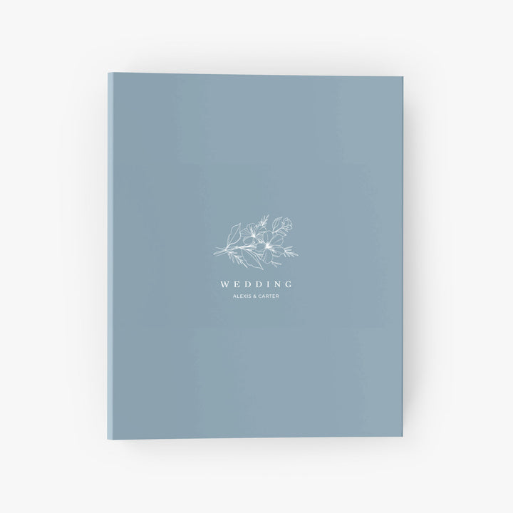 Custom wedding planner binder with illustration of a minimalist floral sprig bouquet along with your names and in your choice of color