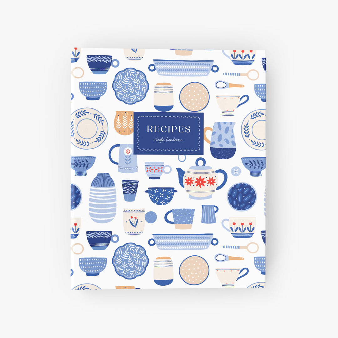 Personalized recipe binder with adorable pattern of blue & white dishes and vintage tea pots