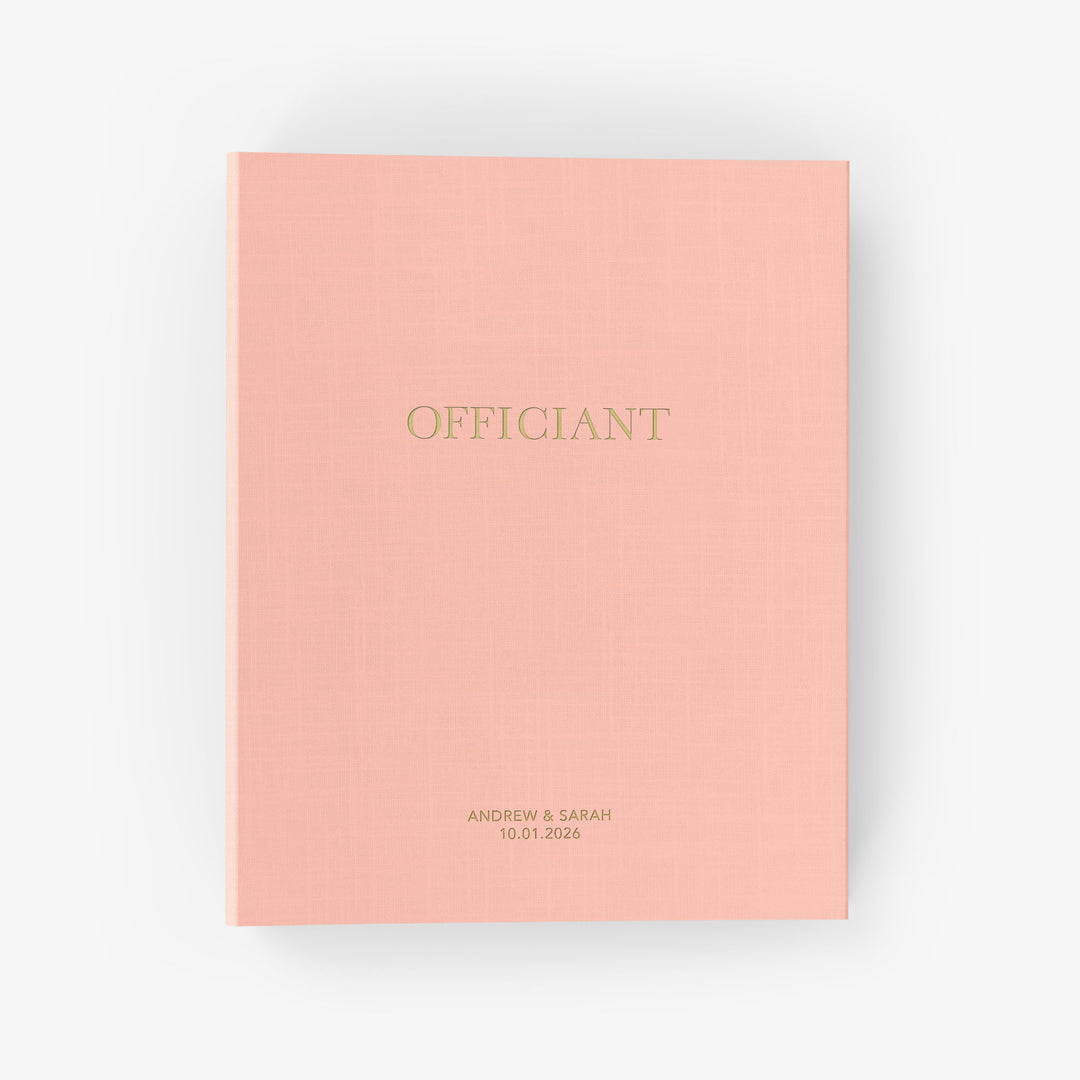 Our wedding officiant binders are the perfect wedding keepsake, shown with the couple's first names and wedding date on the cover