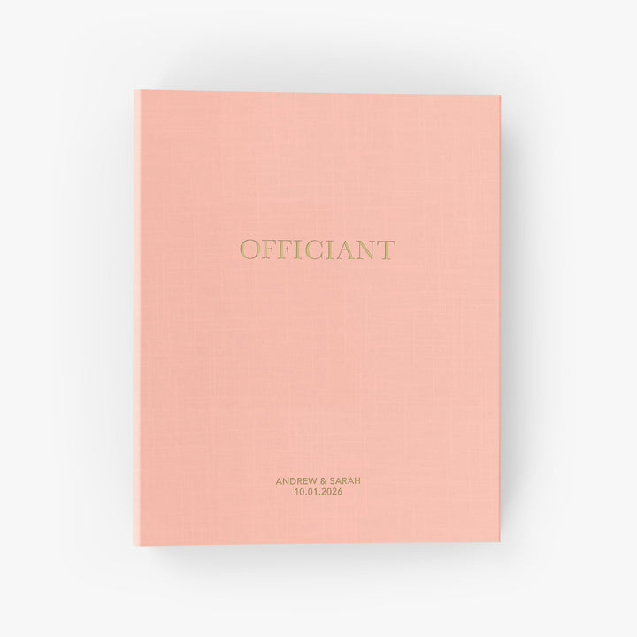 Our wedding officiant binders are the perfect wedding keepsake, shown with the couple's first names and wedding date on the cover