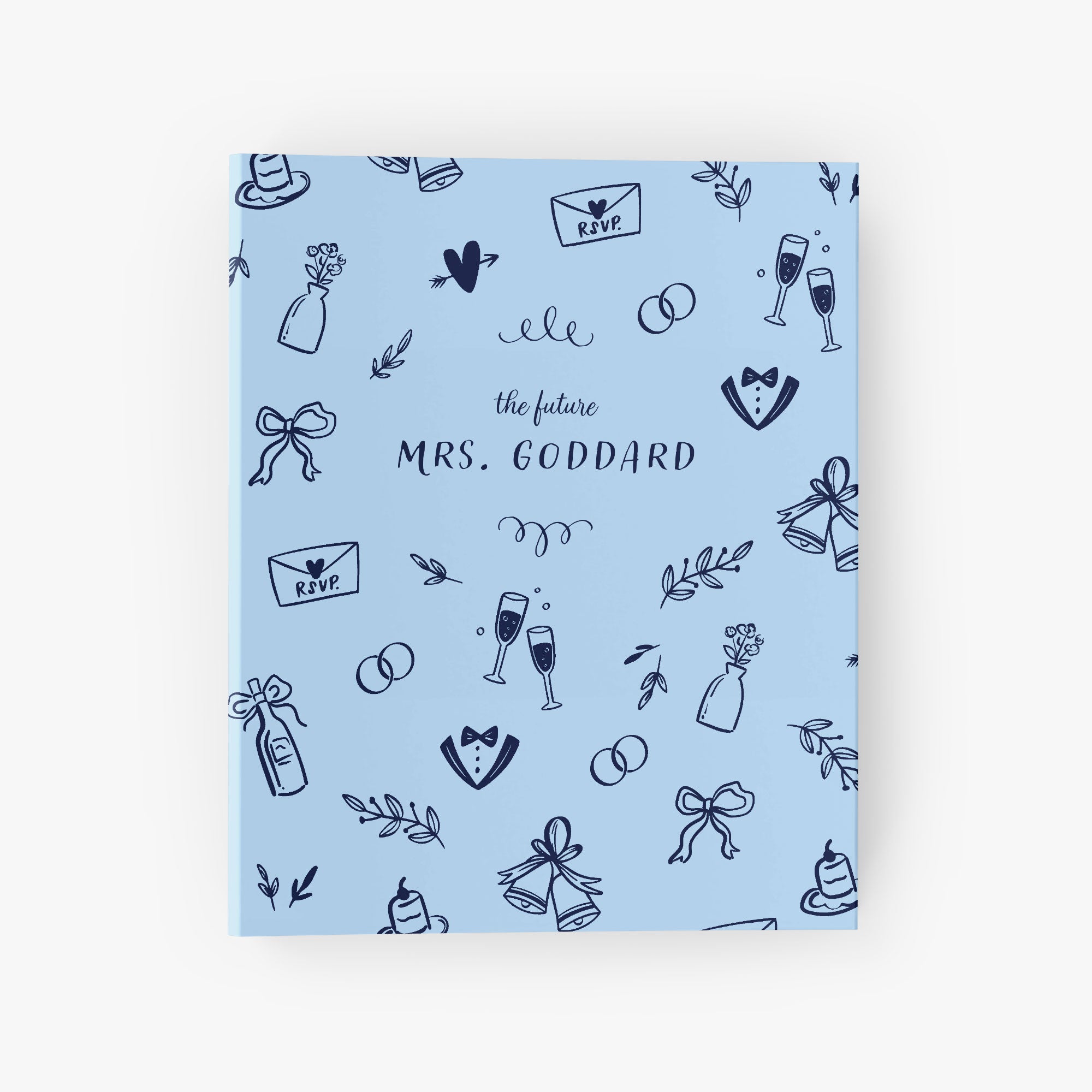 Custom wedding planning binder with whimsical hand-drawn doodles personalized with "The Future Mrs."
