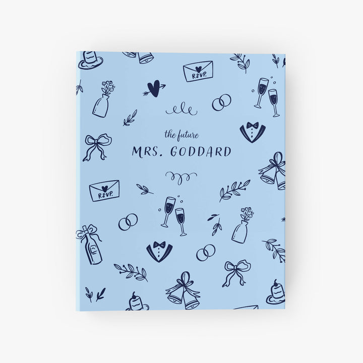 Custom wedding planning binder with whimsical hand-drawn doodles personalized with "The Future Mrs."