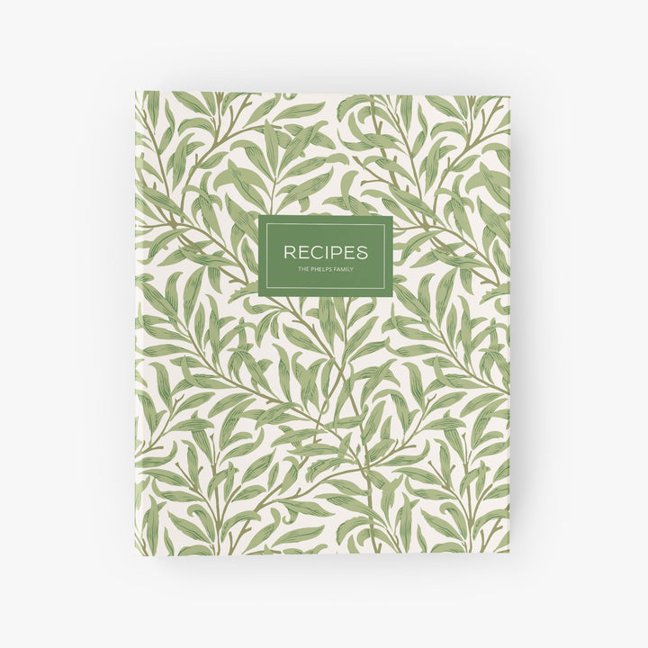 Personalized recipe binder with a green willow leaf pattern inspired by William Morris customized with your family name